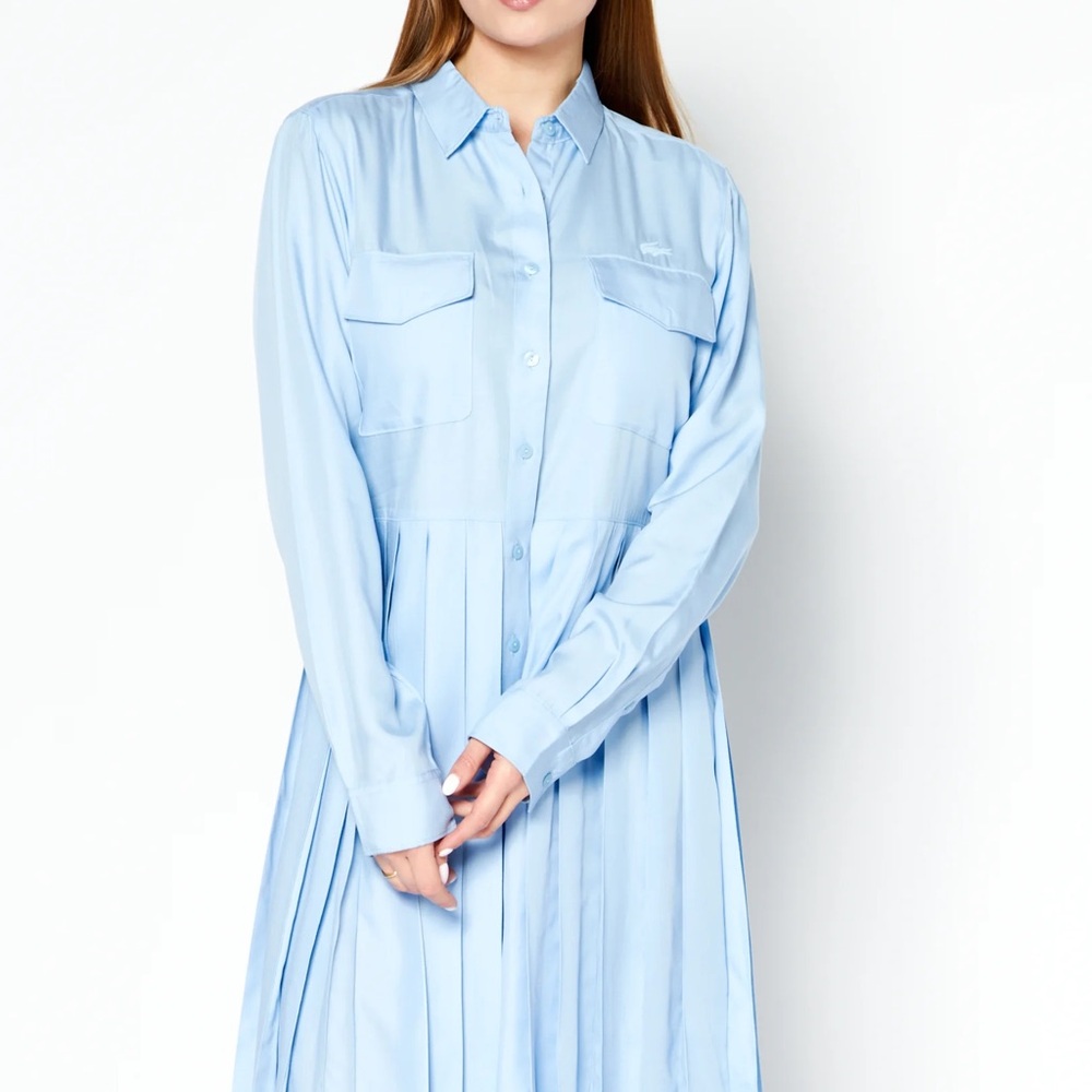 Lacoste Blue Pleated Long Sleeve Shirt Dress